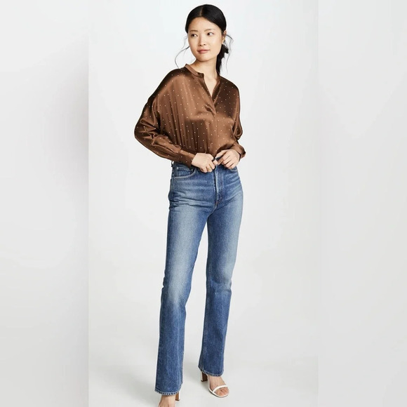 Vince  Satin Dot Print Popover Button Up Woodbine Blouse - Picture 4 of 10